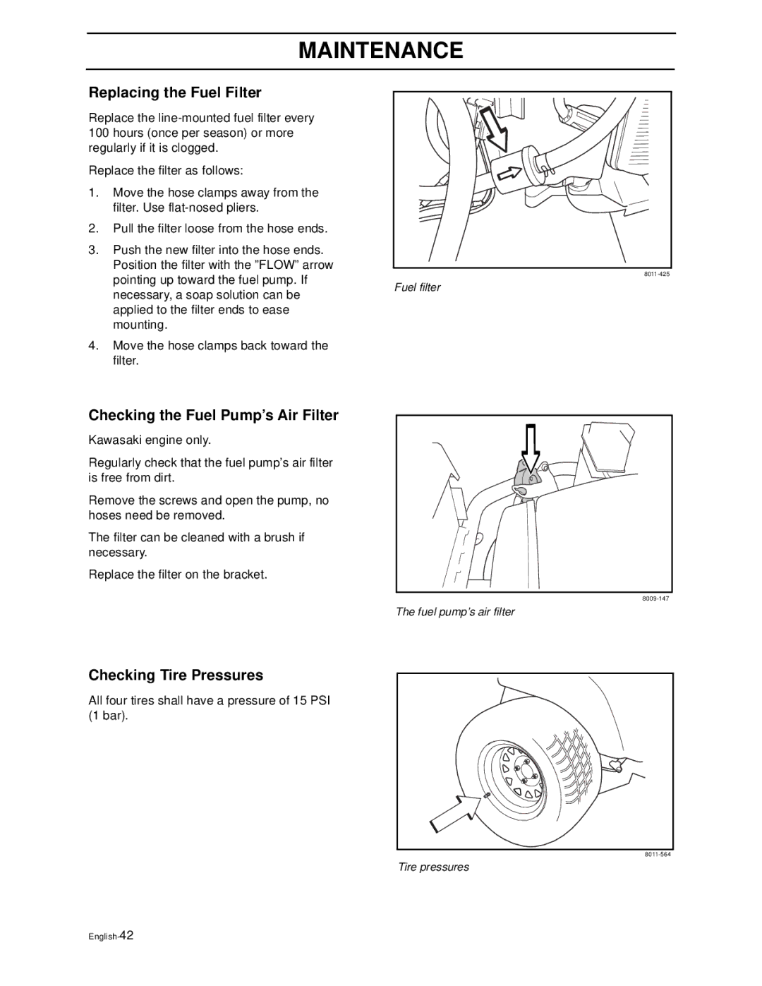 Husqvarna WG3213P/968999114 manual Replacing the Fuel Filter, Checking the Fuel Pump’s Air Filter, Checking Tire Pressures 