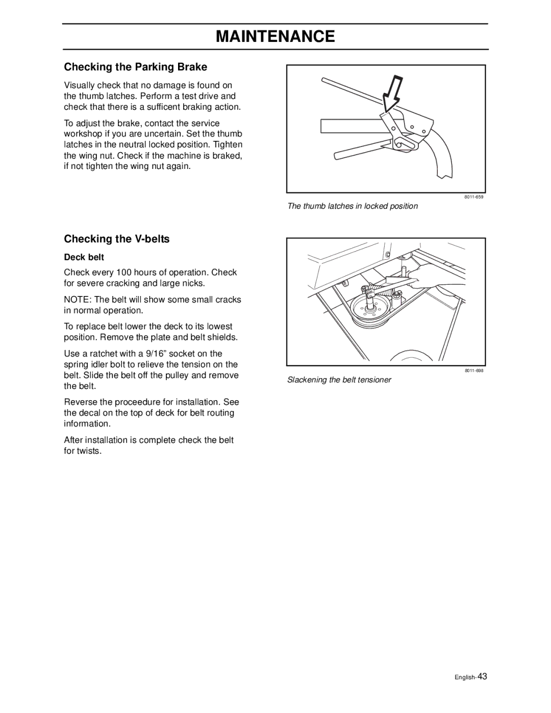 Husqvarna WG3613P/968999116, WG4815P/968999278 manual Checking the Parking Brake, Checking the V-belts, Deck belt 