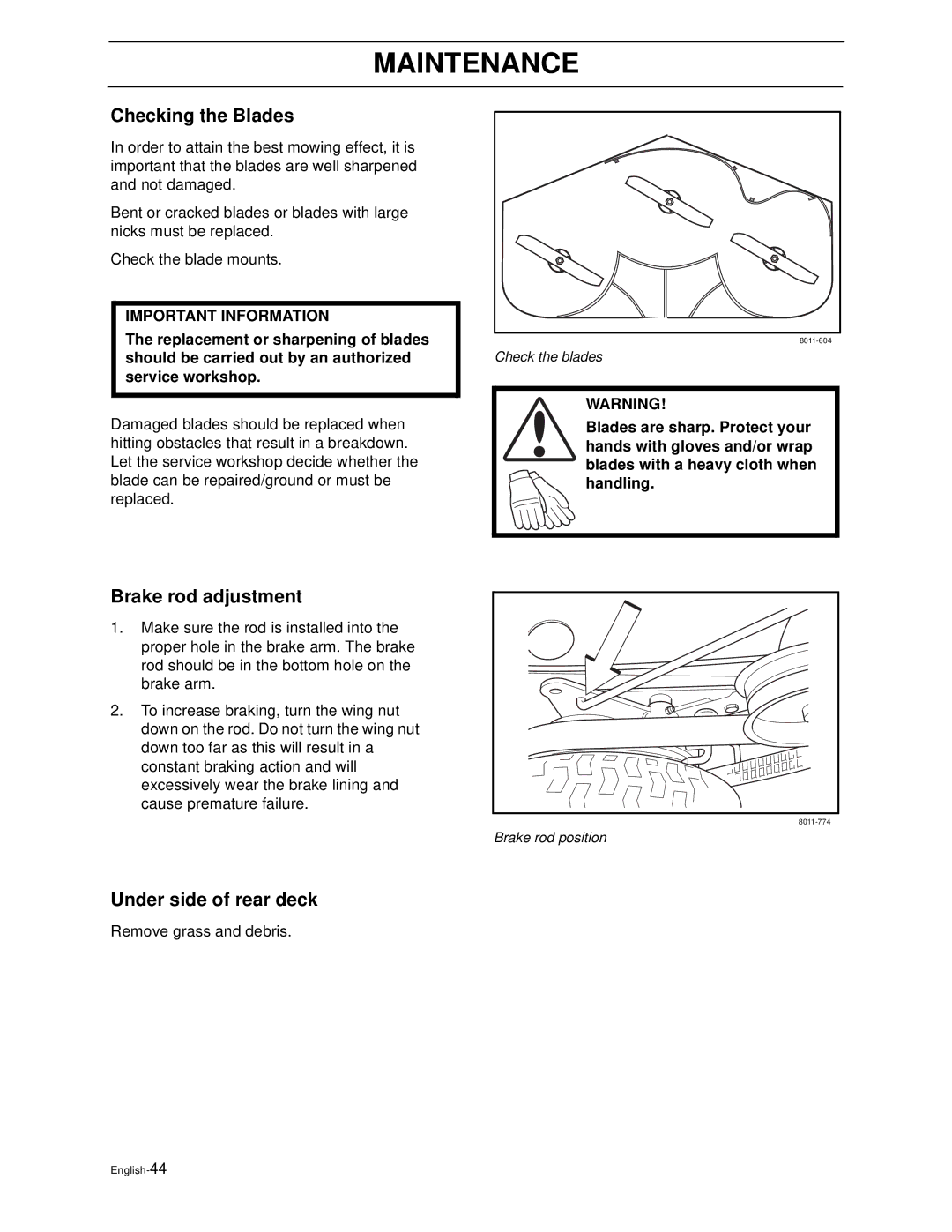 Husqvarna WG4815P/968999278, WG3613P/968999116 manual Checking the Blades, Brake rod adjustment, Under side of rear deck 