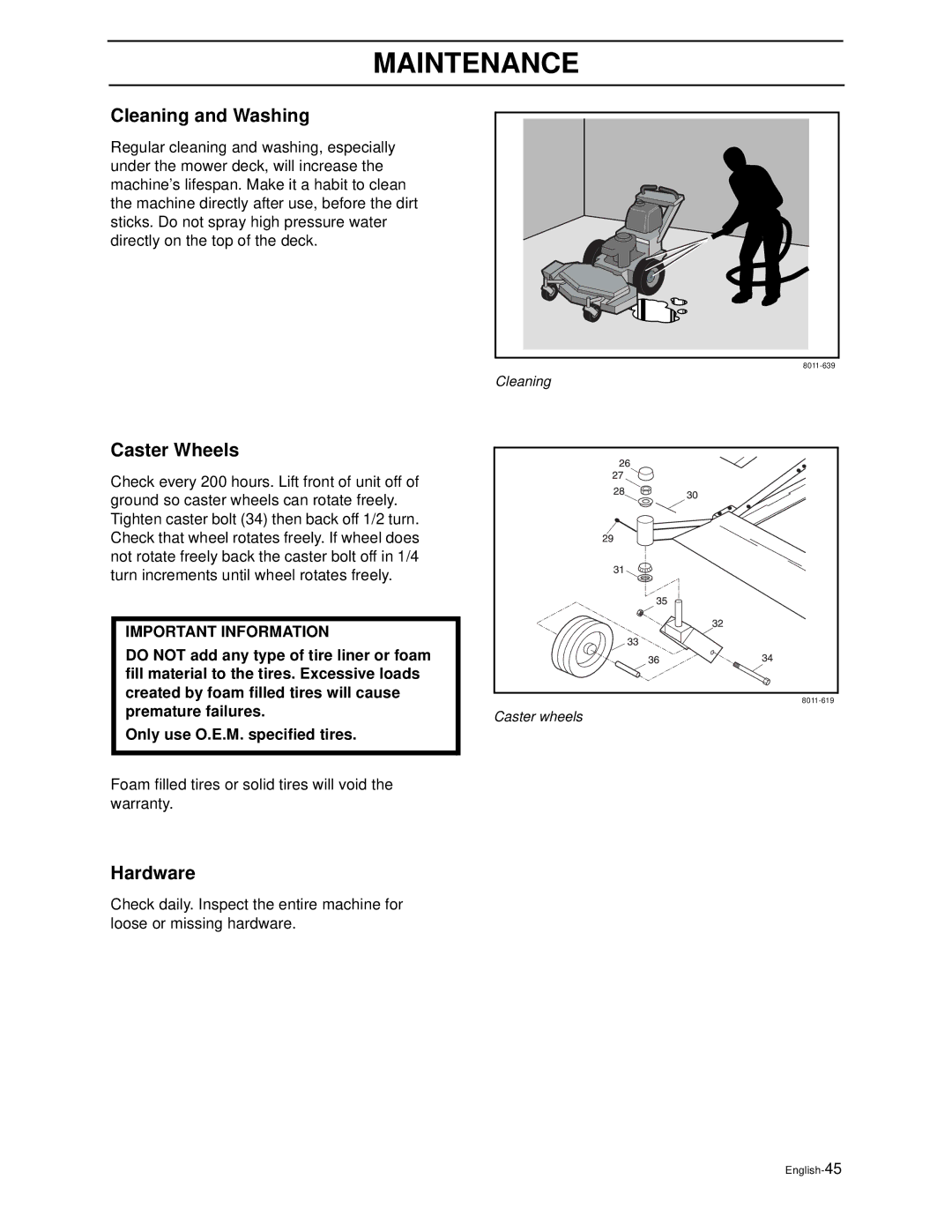 Husqvarna WG3213P/968999114, WG3613P/968999116, WG4815P/968999278 manual Cleaning and Washing, Caster Wheels, Hardware 