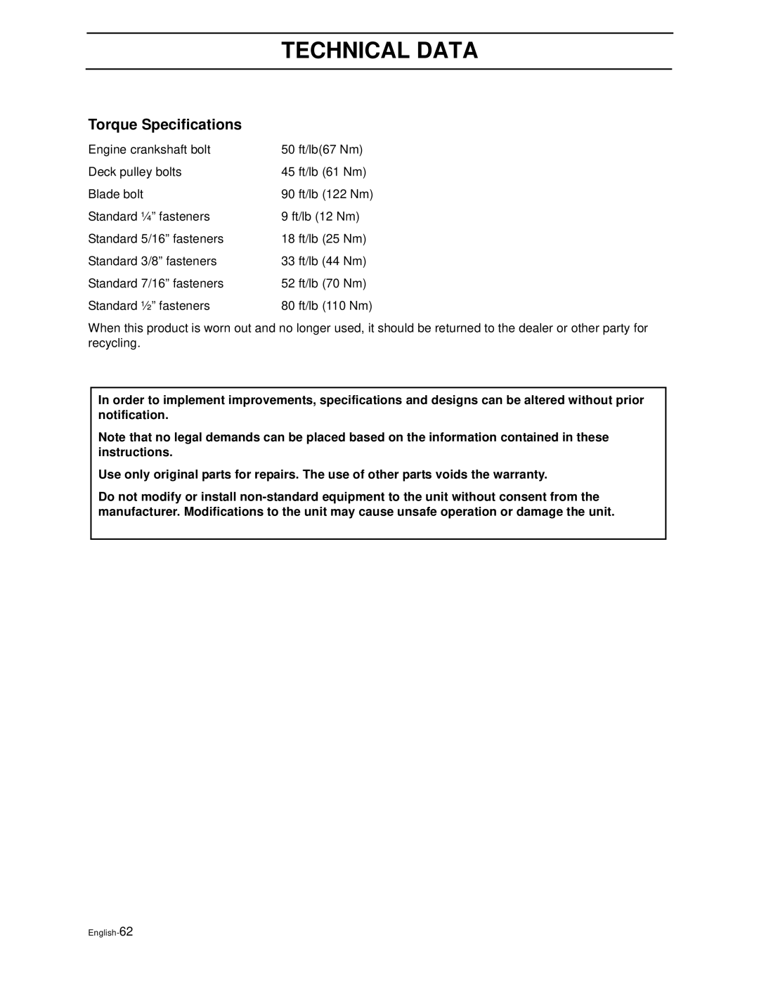 Husqvarna WG4815P/968999278, WG3613P/968999116, WG3213P/968999114 manual Torque Specifications 