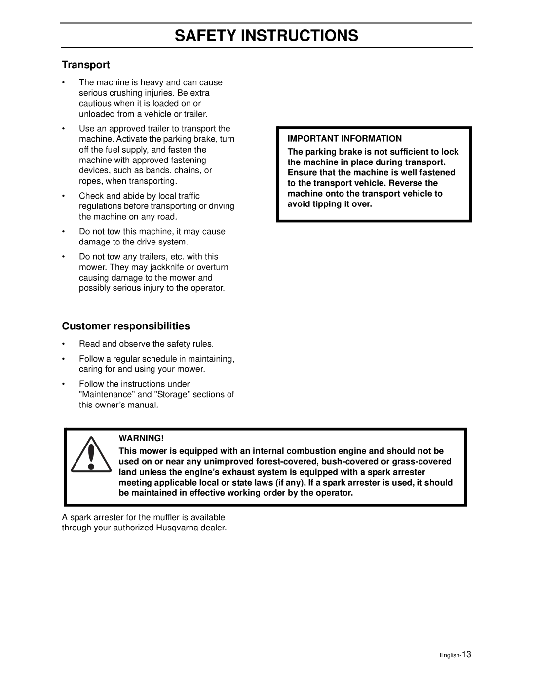 Husqvarna WG4815E, WG3613E manual Transport, Customer responsibilities 
