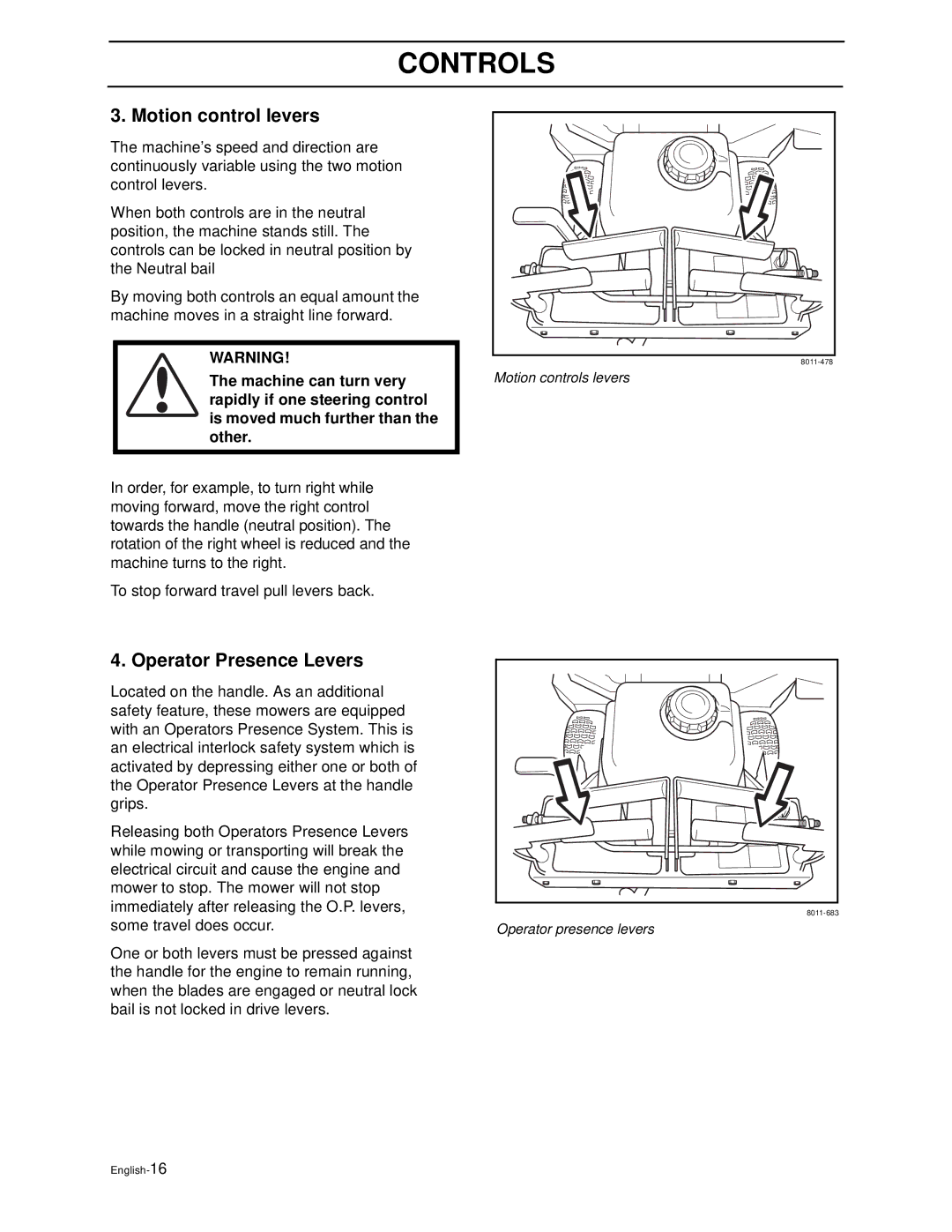 Husqvarna WG4815E, WG3613E manual Motion control levers, Operator Presence Levers 