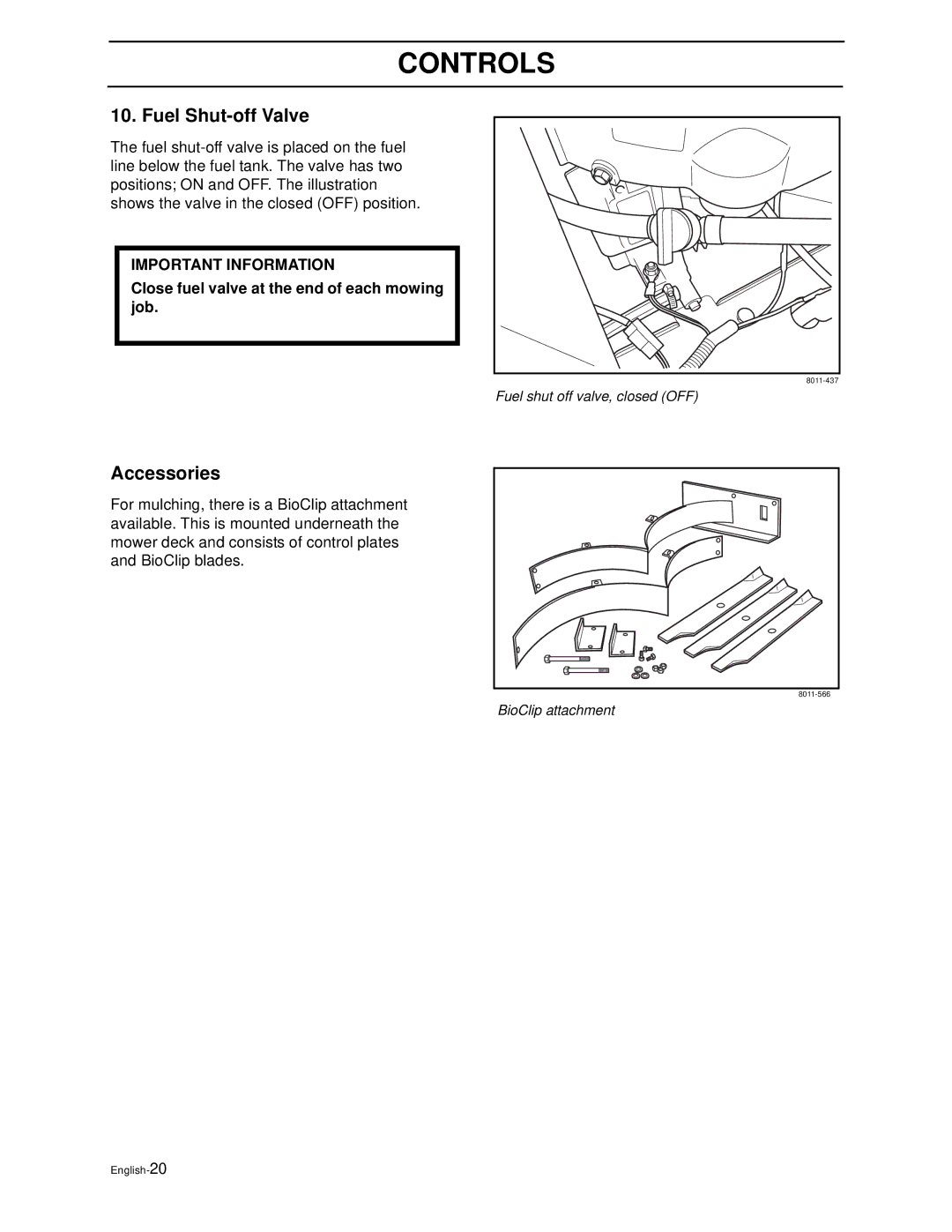 Husqvarna WG4815E, WG3613E manual Fuel Shut-off Valve, Accessories, Close fuel valve at the end of each mowing job 