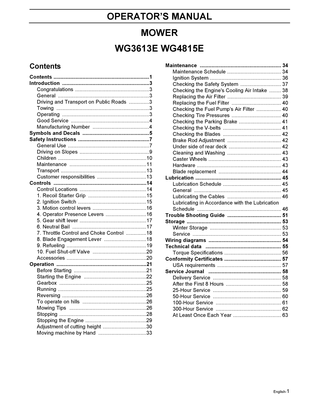 Husqvarna WG4815E, WG3613E manual OPERATOR’S Manual Mower, WG3613E WG4815E 