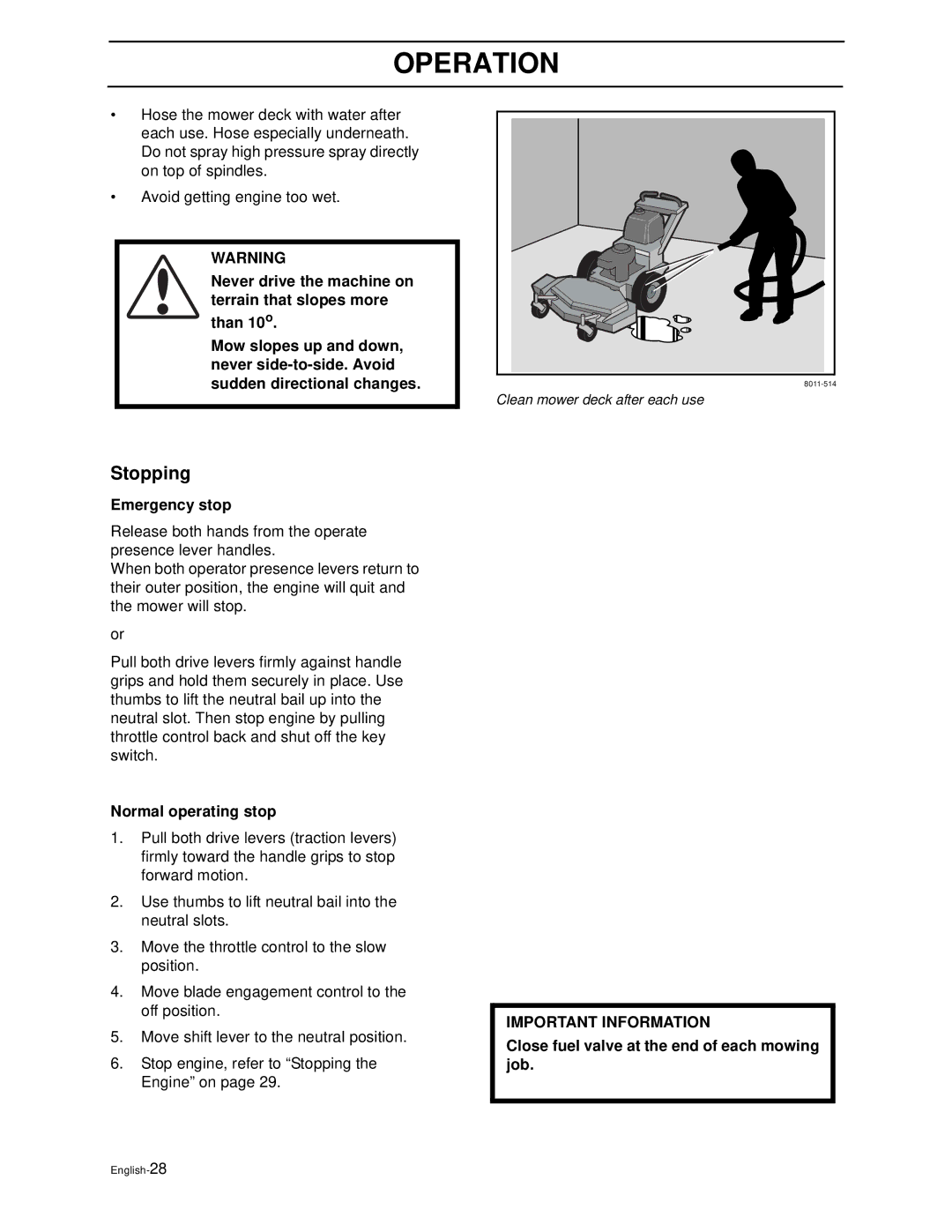 Husqvarna WG4815E, WG3613E manual Stopping, Emergency stop, Normal operating stop 