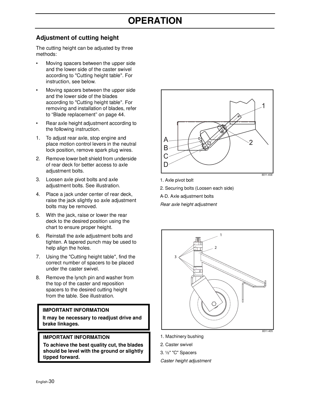 Husqvarna WG4815E, WG3613E manual Adjustment of cutting height, It may be necessary to readjust drive and brake linkages 