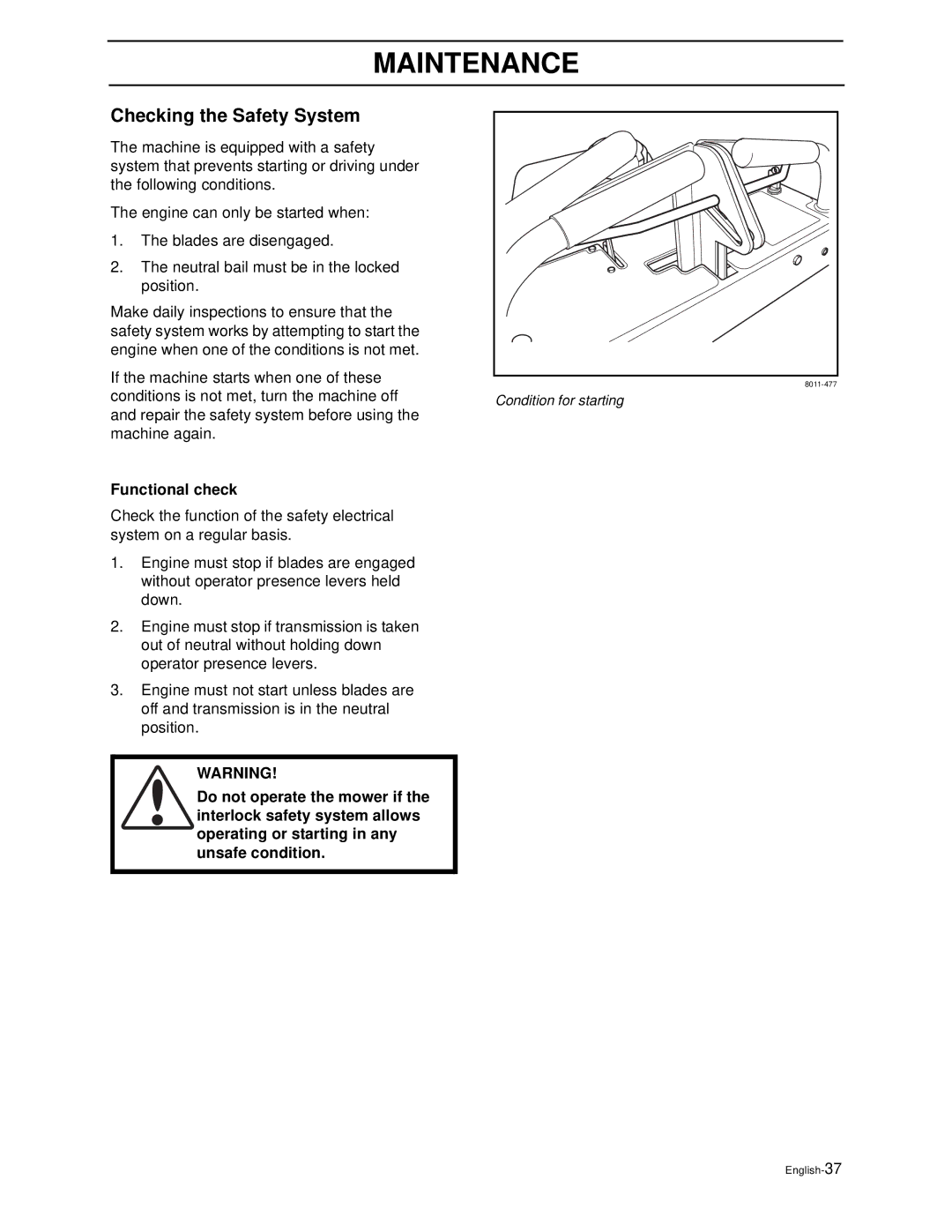 Husqvarna WG4815E, WG3613E manual Checking the Safety System, Functional check 