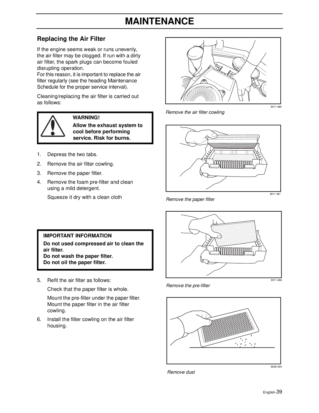 Husqvarna WG4815E, WG3613E manual Replacing the Air Filter 