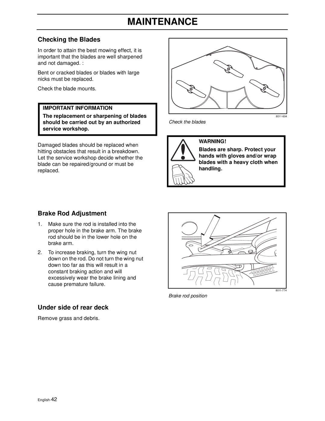 Husqvarna WG4815E, WG3613E manual Checking the Blades, Brake Rod Adjustment, Under side of rear deck 