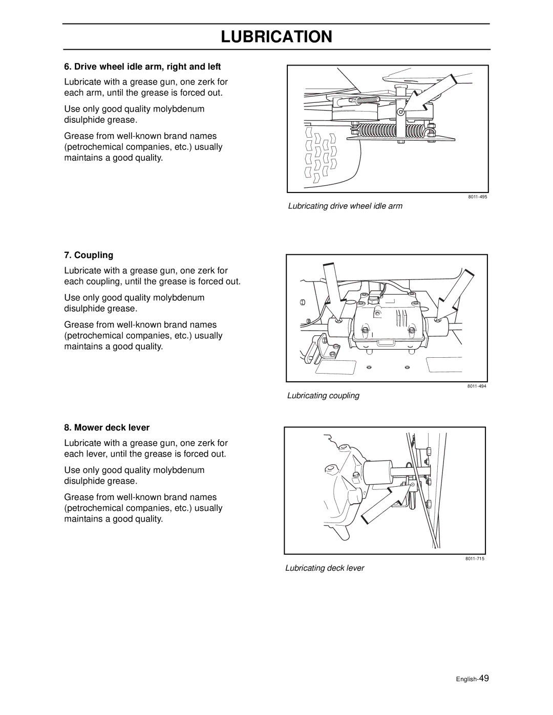 Husqvarna WG4815E, WG3613E manual Drive wheel idle arm, right and left, Coupling, Mower deck lever 