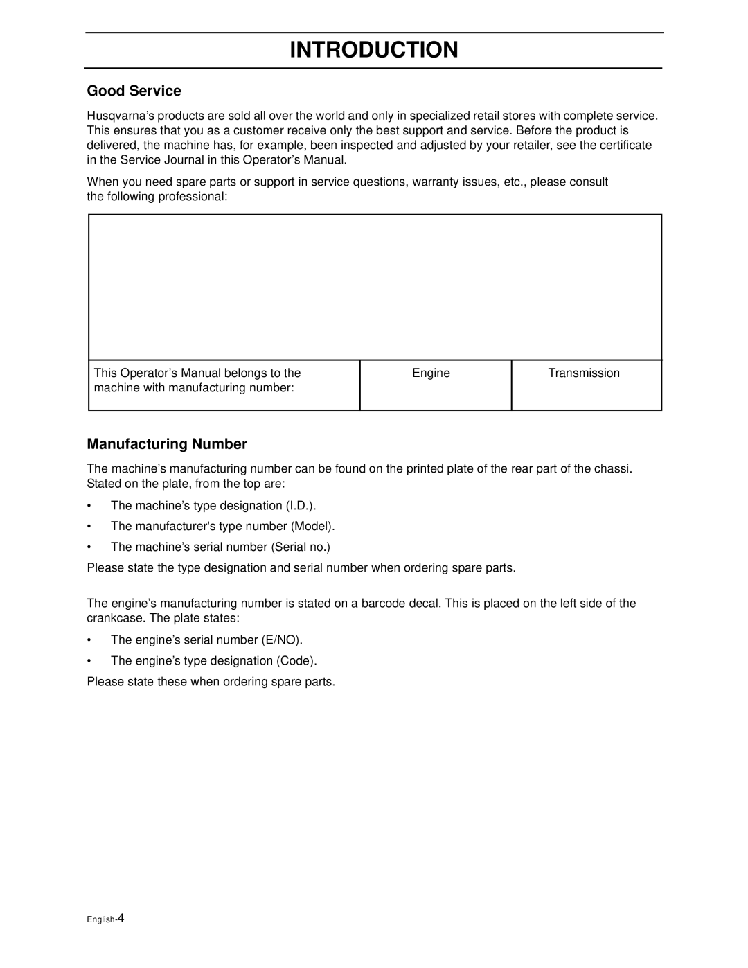 Husqvarna WG4815E, WG3613E manual Good Service, Manufacturing Number 