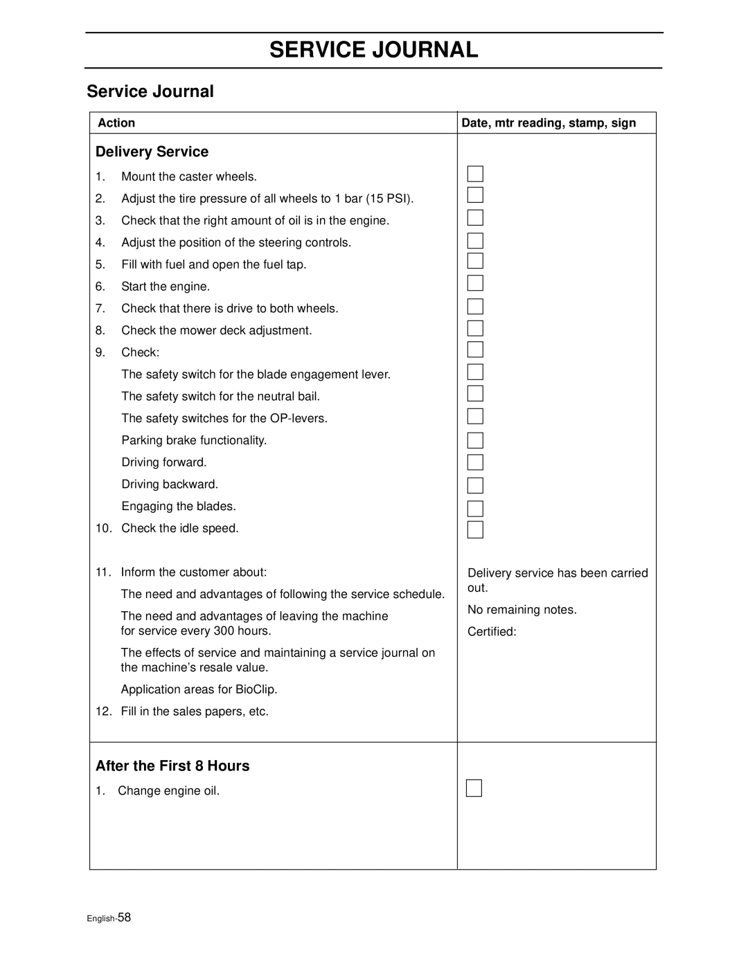 Husqvarna WG4815E, WG3613E manual Service Journal, Delivery Service, After the First 8 Hours 