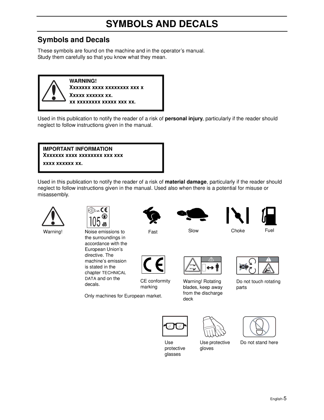 Husqvarna WG4815E, WG3613E manual Symbols and Decals, Xxxxxxx xxxx xxxxxxxx xxx Xxxx xxxxxx 