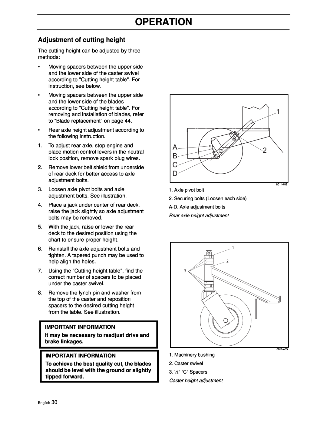 Husqvarna WG4815E, WG3613E manual Adjustment of cutting height, Operation, Important Information 