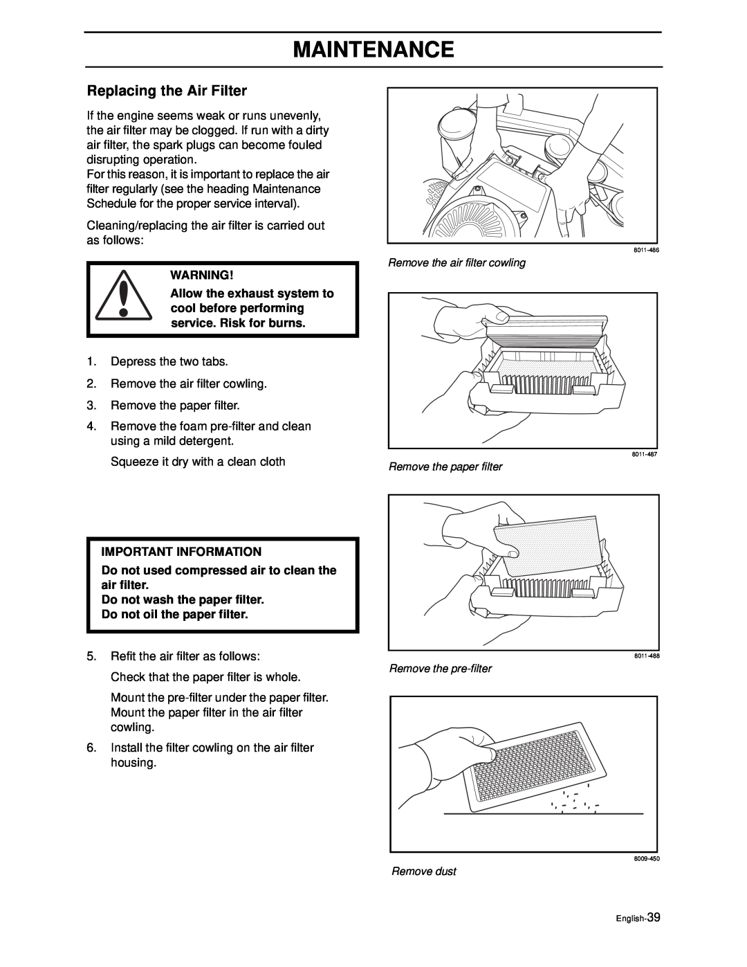 Husqvarna WG4815E, WG3613E manual Replacing the Air Filter, Maintenance, Important Information 