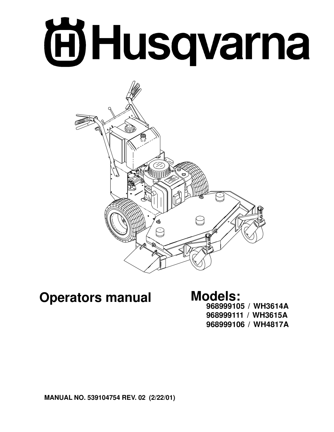 Husqvarna WH3615A, WH3614A, WH4817A manual Operators manual Models 