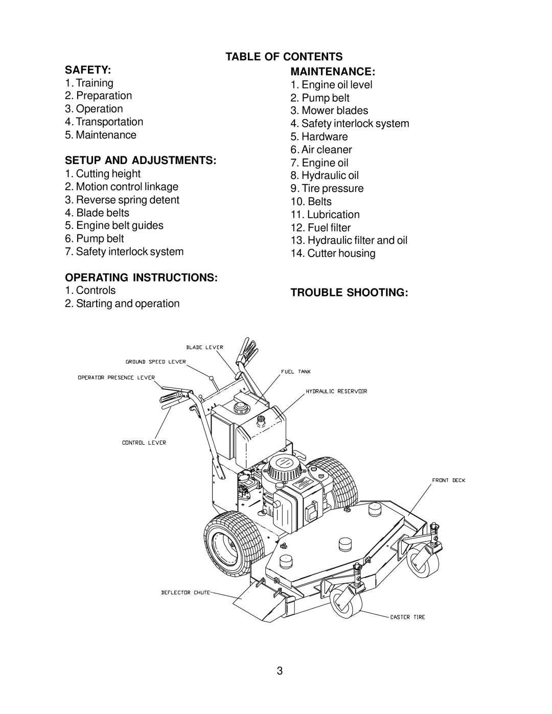 Husqvarna WH3614A Safety Table of Contents Maintenance, Setup and Adjustments, Operating Instructions, Trouble Shooting 