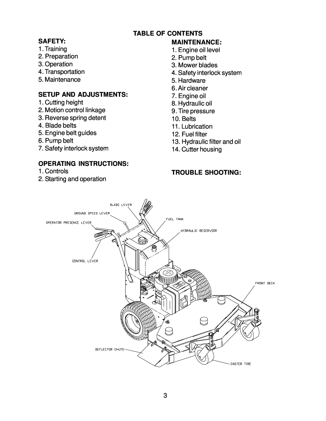 Husqvarna WH3614A Safety, Table Of Contents, Maintenance, Setup And Adjustments, Operating Instructions, Trouble Shooting 