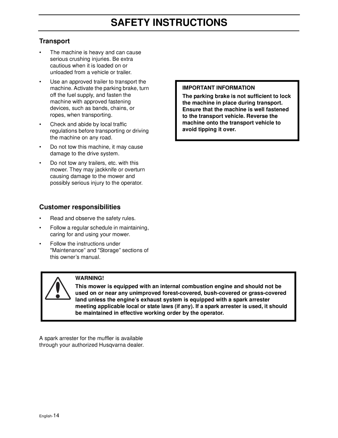 Husqvarna WH4817EFQ2, WH5219EFQ manual Transport, Customer responsibilities 