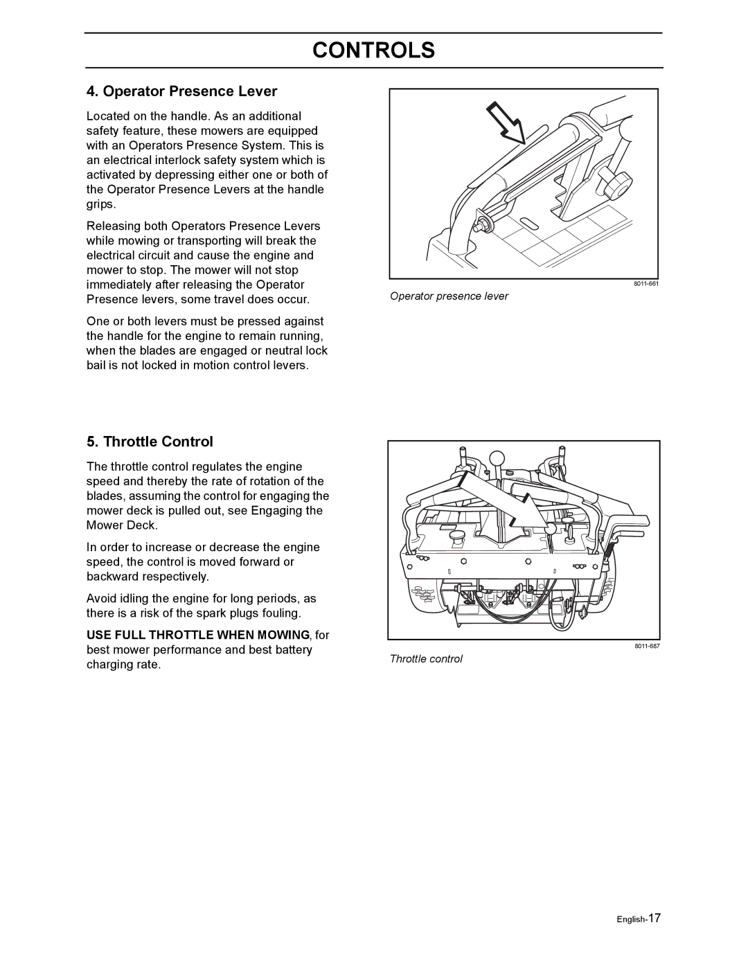 Husqvarna WH4817EFQ2, WH5219EFQ manual Operator Presence Lever, Throttle Control 