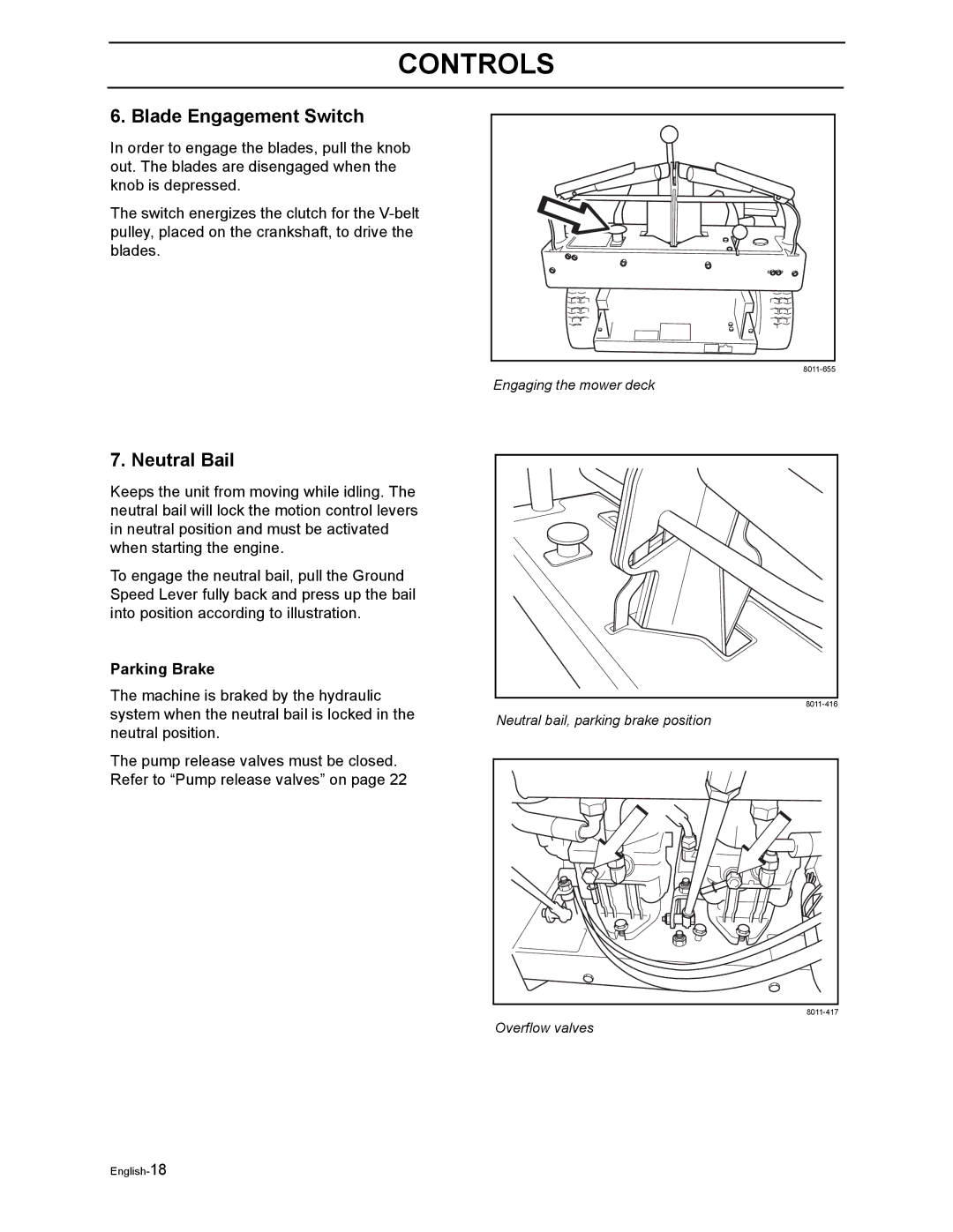 Husqvarna WH4817EFQ2, WH5219EFQ manual Blade Engagement Switch, Neutral Bail, Parking Brake 