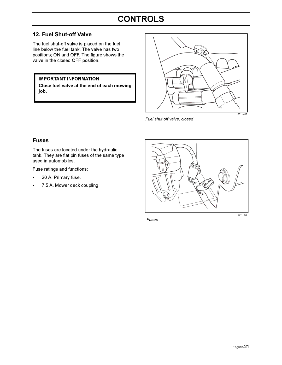 Husqvarna WH4817EFQ2, WH5219EFQ manual Fuel Shut-off Valve, Fuses, Close fuel valve at the end of each mowing job 