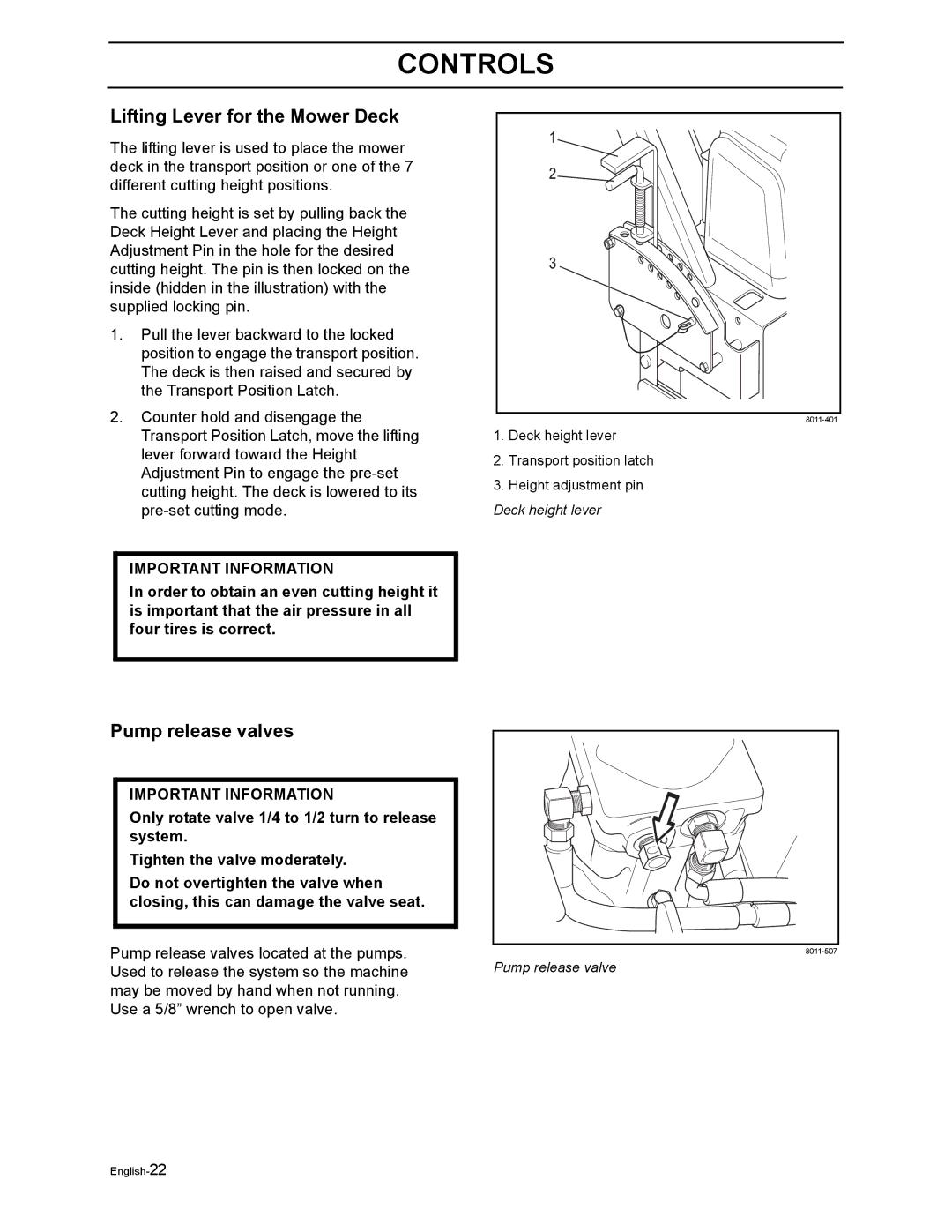 Husqvarna WH4817EFQ2, WH5219EFQ manual Lifting Lever for the Mower Deck, Pump release valves 