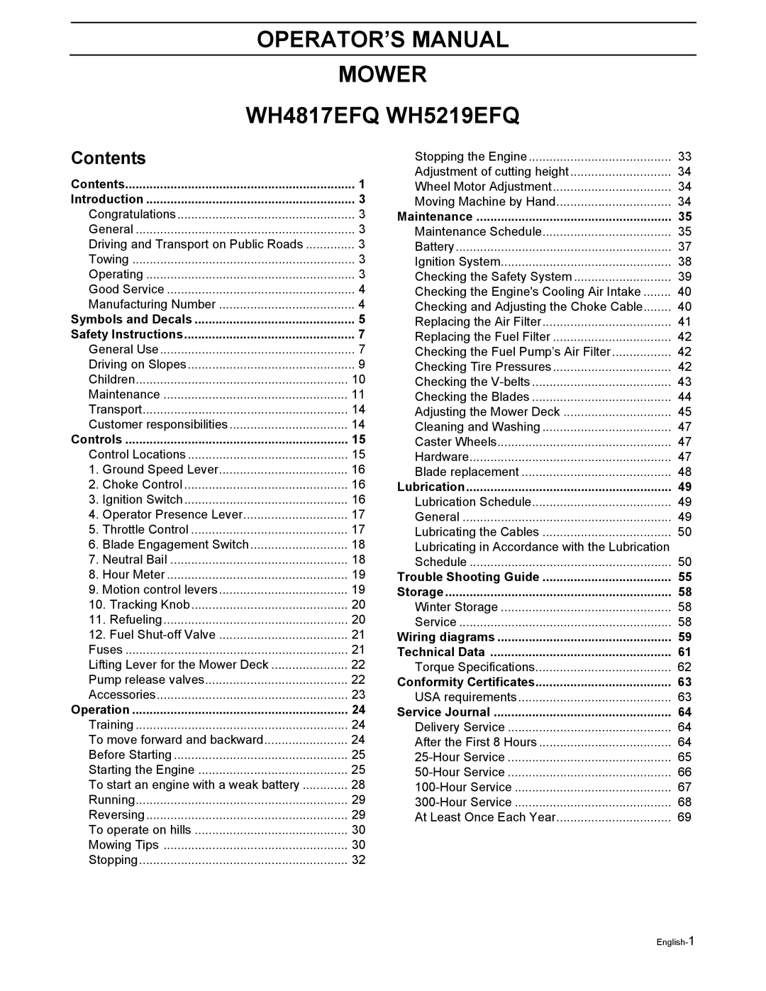 Husqvarna WH4817EFQ2, WH5219EFQ manual OPERATOR’S Manual Mower WH4817EFQ WH5219EFQ, Contents 