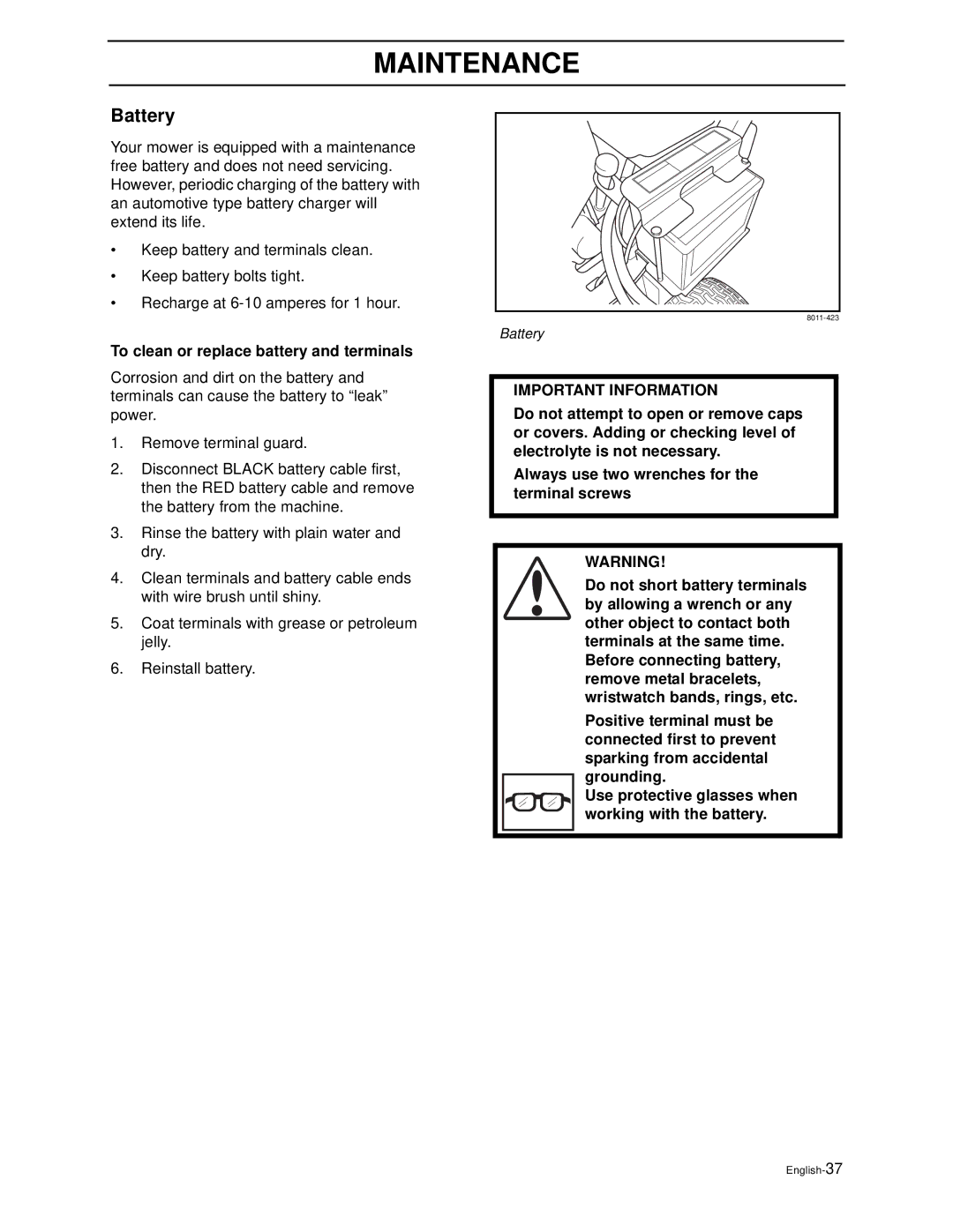 Husqvarna WH4817EFQ2, WH5219EFQ manual Battery, To clean or replace battery and terminals 