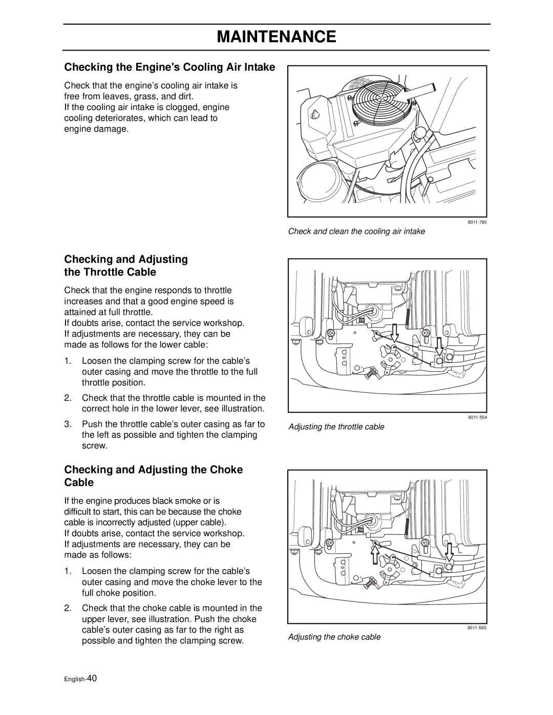 Husqvarna WH4817EFQ2, WH5219EFQ manual Checking the Engines Cooling Air Intake, Checking and Adjusting Throttle Cable 