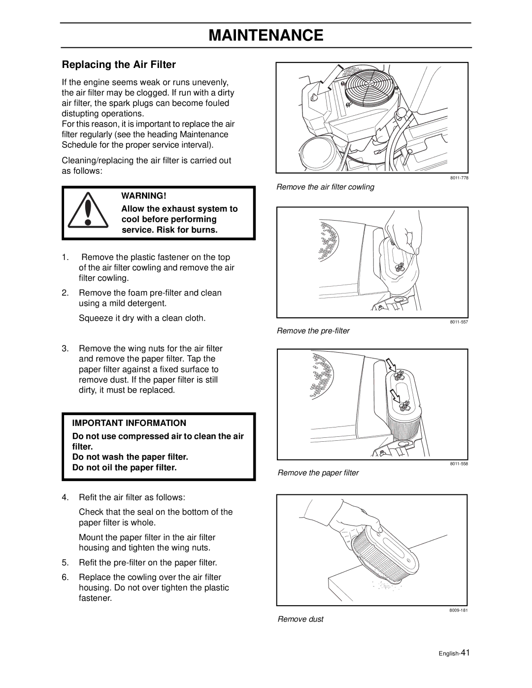 Husqvarna WH4817EFQ2, WH5219EFQ manual Replacing the Air Filter 