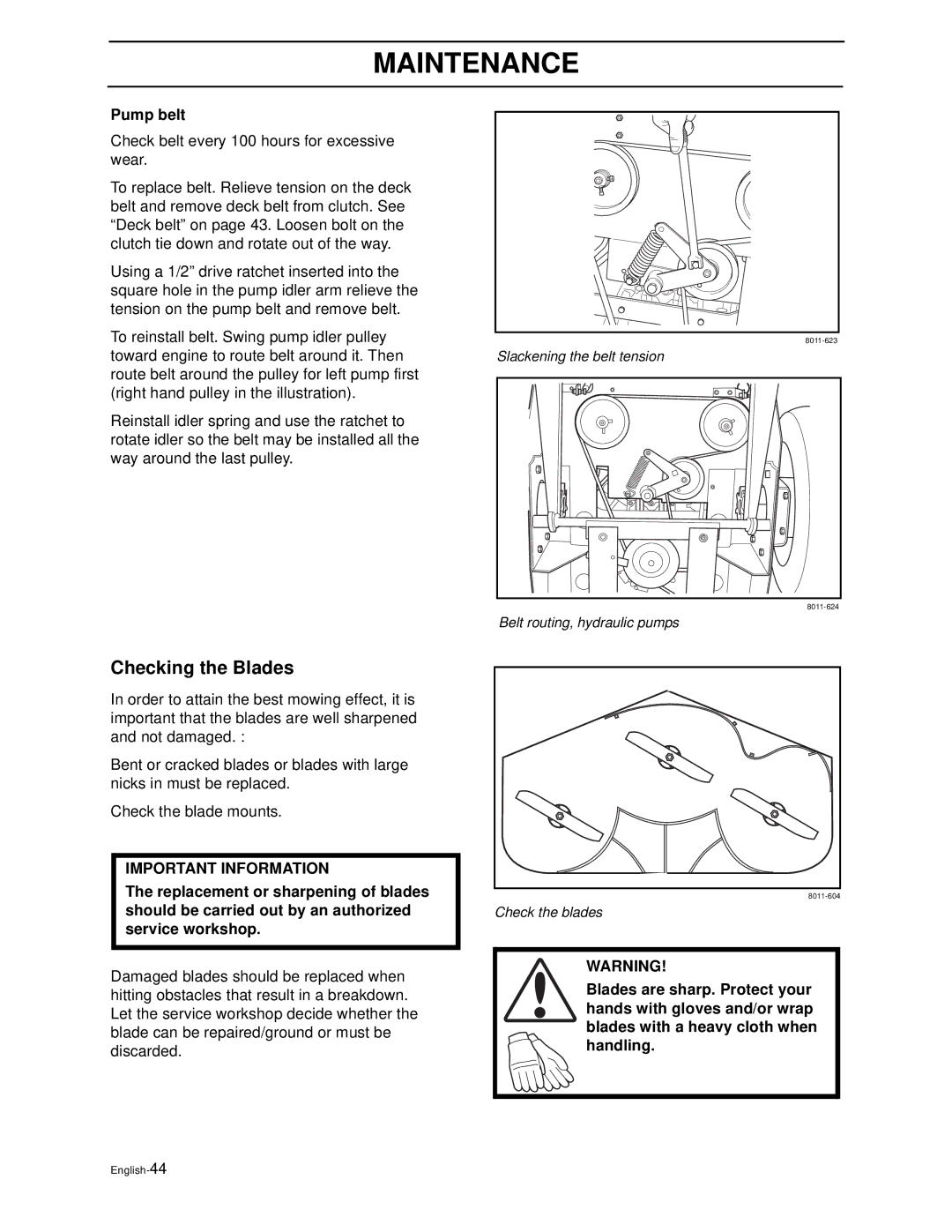 Husqvarna WH4817EFQ2, WH5219EFQ manual Checking the Blades, Pump belt 