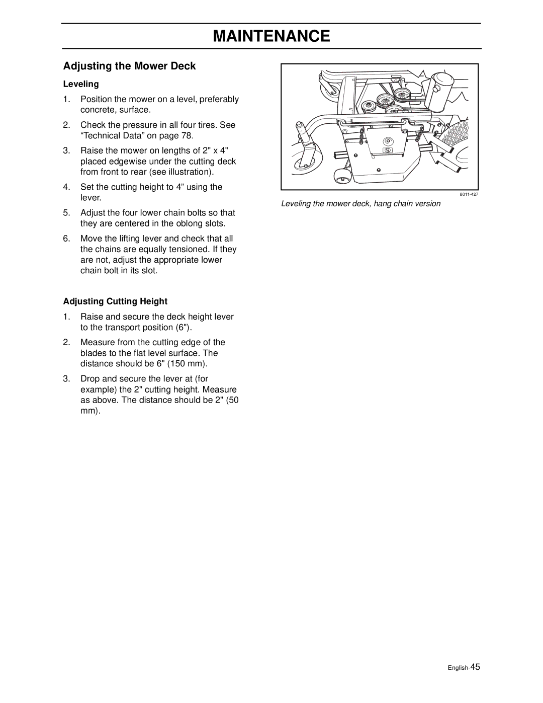 Husqvarna WH4817EFQ2, WH5219EFQ manual Adjusting the Mower Deck, Leveling, Adjusting Cutting Height 