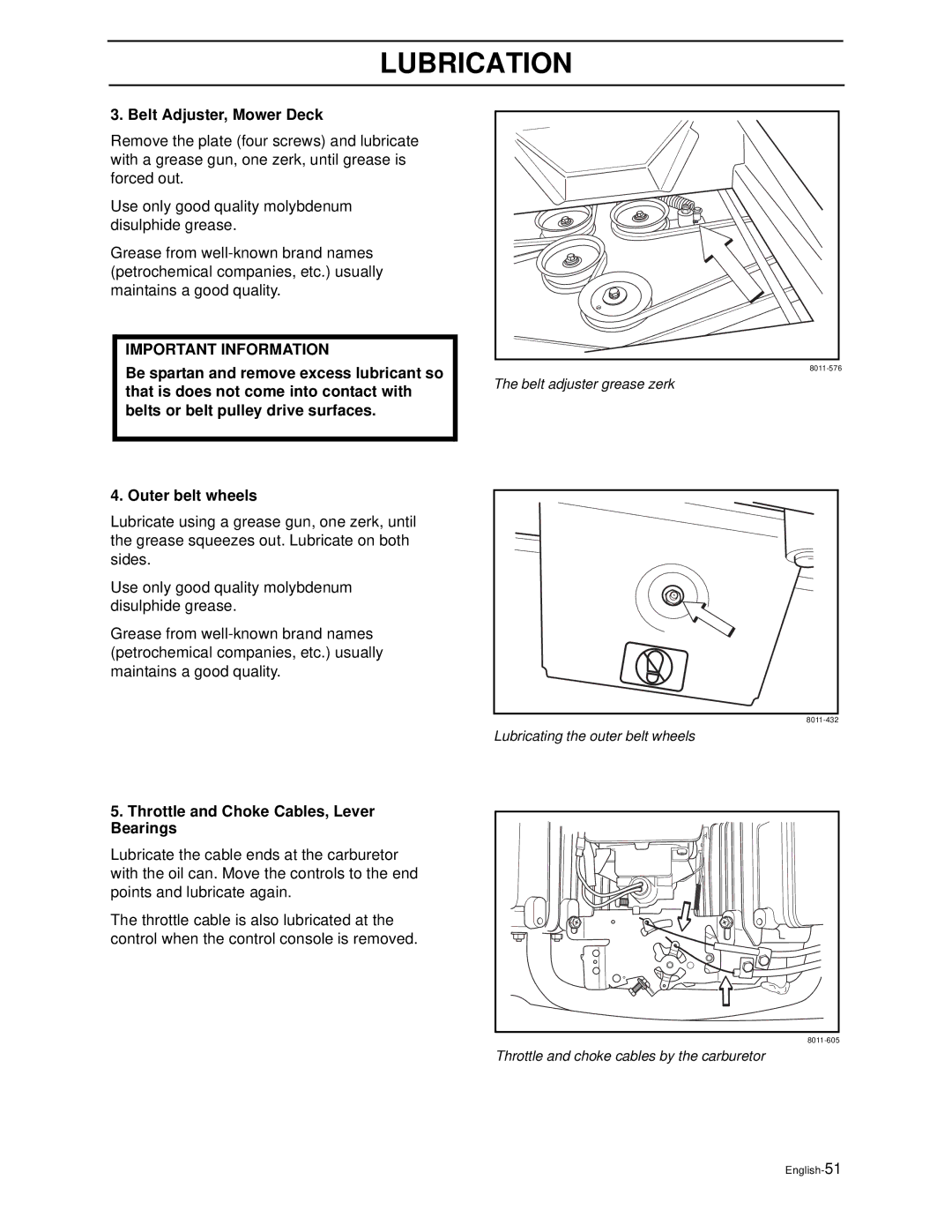 Husqvarna WH4817EFQ2, WH5219EFQ manual Belt Adjuster, Mower Deck, Throttle and Choke Cables, Lever Bearings 