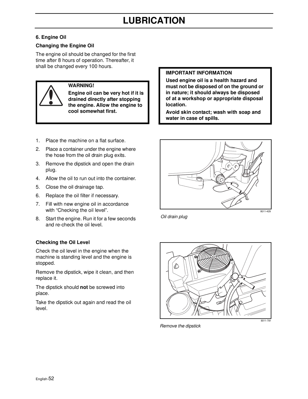 Husqvarna WH4817EFQ2, WH5219EFQ manual Engine Oil Changing the Engine Oil, Checking the Oil Level 