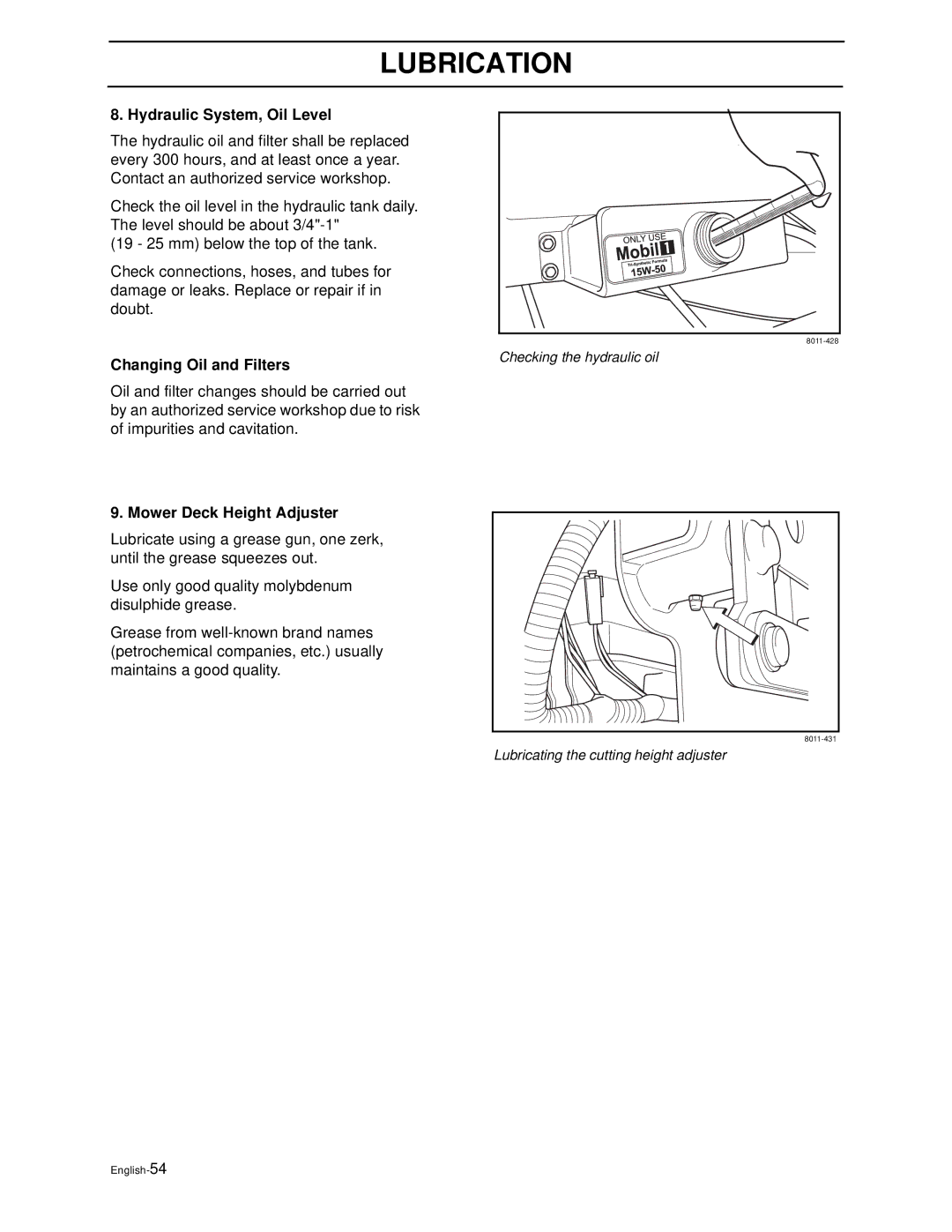 Husqvarna WH4817EFQ2, WH5219EFQ manual Hydraulic System, Oil Level, Changing Oil and Filters, Mower Deck Height Adjuster 