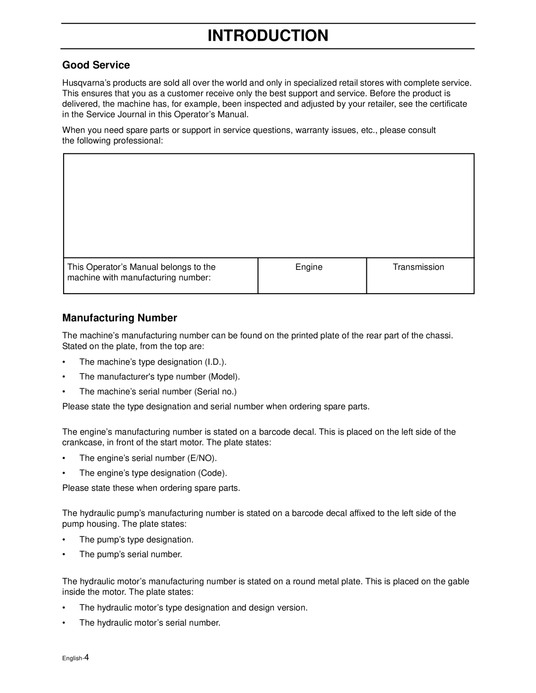 Husqvarna WH4817EFQ2, WH5219EFQ manual Good Service, Manufacturing Number 