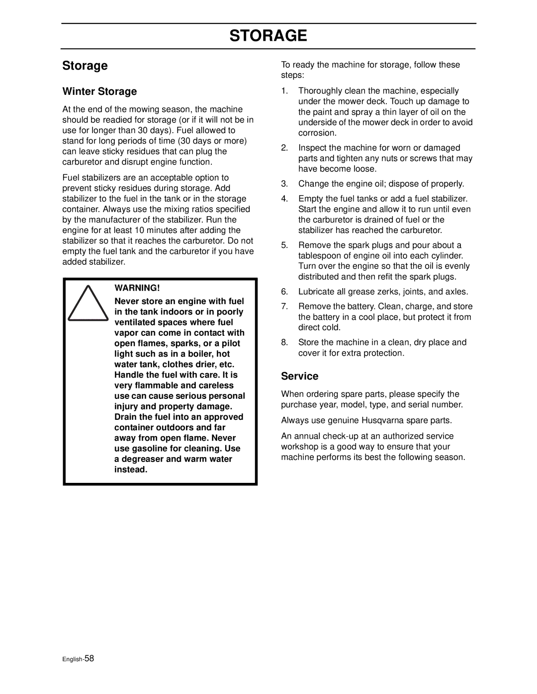 Husqvarna WH4817EFQ2, WH5219EFQ manual Winter Storage, Service 