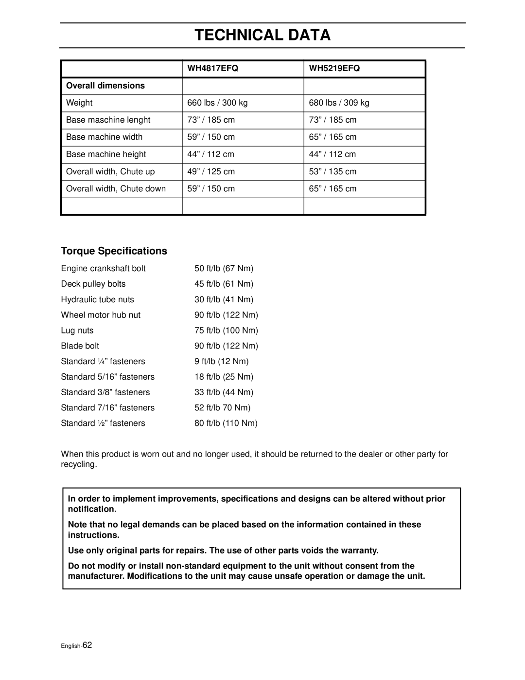 Husqvarna WH4817EFQ2, WH5219EFQ manual Torque Specifications, Overall dimensions 