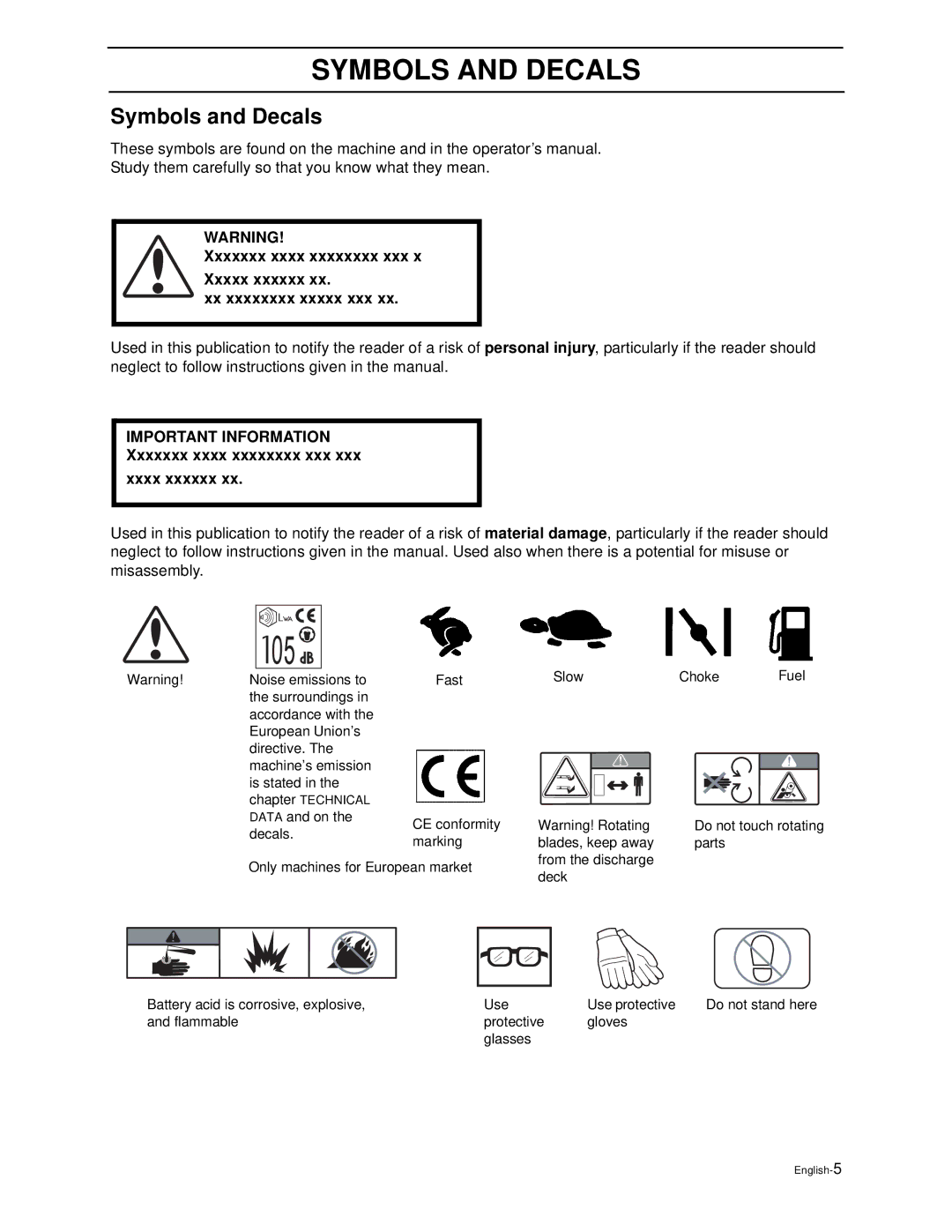 Husqvarna WH4817EFQ2, WH5219EFQ manual Symbols and Decals, Xxxxxxx xxxx xxxxxxxx xxx Xxxx xxxxxx 