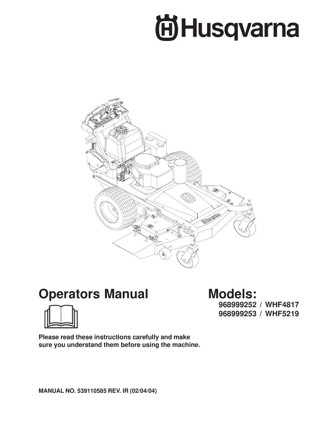 Husqvarna WHF5219, WHF5217, WHF4817 manual Operators Manual Models 