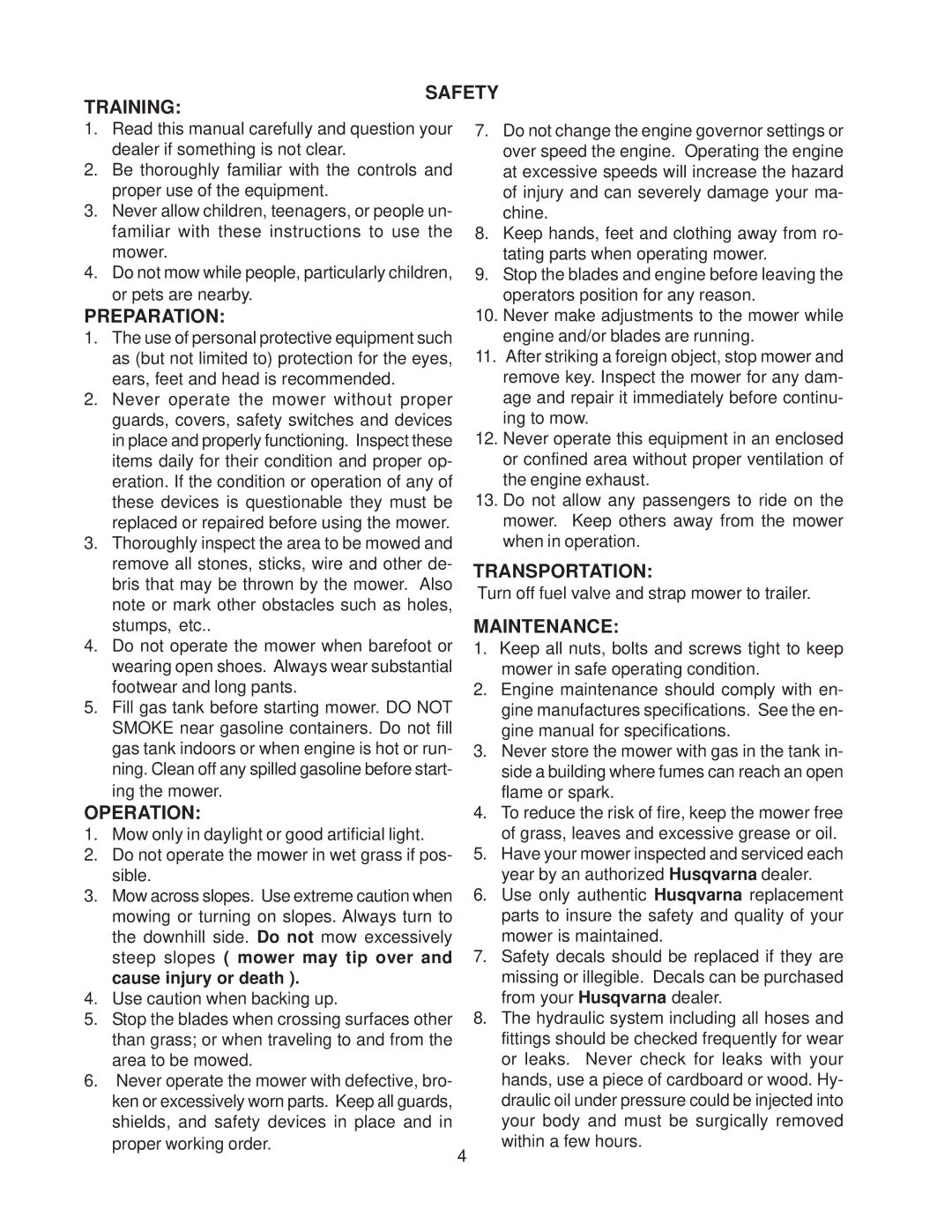 Husqvarna WHF4817, WHF5219, WHF5217 manual Training Safety, Preparation, Transportation, Operation, Maintenance 