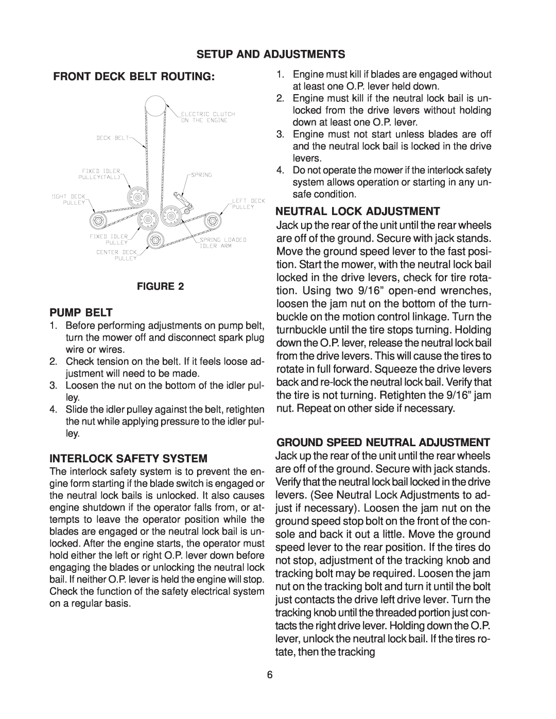 Husqvarna WHF4817 manual Front Deck Belt Routing, Pump Belt, Neutral Lock Adjustment, Ground Speed Neutral Adjustment 
