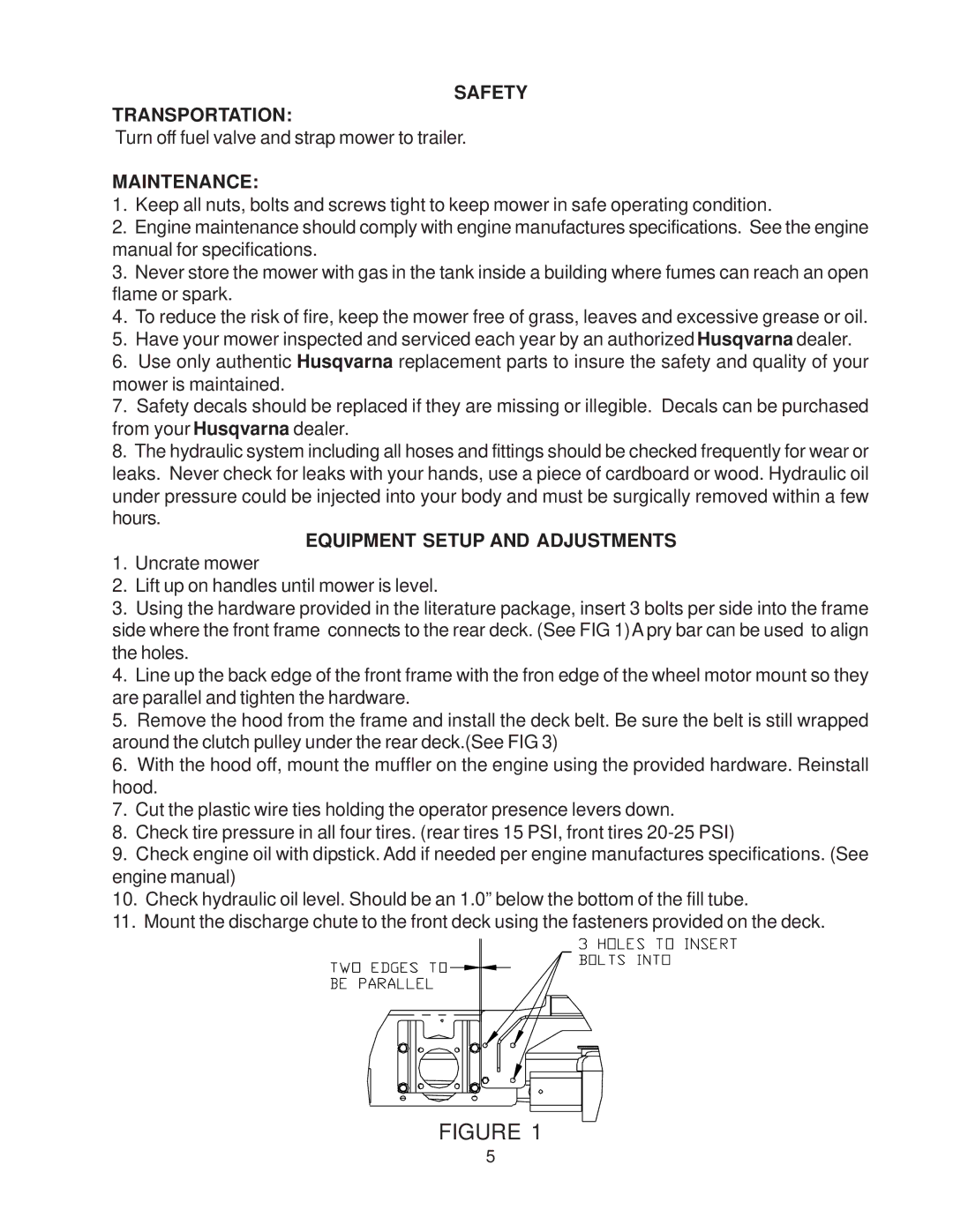 Husqvarna WHF4215ETS, WHF5218ETS, WHF4818ETS manual Safety Transportation, Maintenance, Equipment Setup and Adjustments 