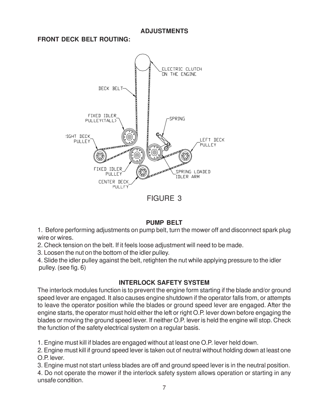 Husqvarna WHF4818ETS, WHF5218ETS, WHF4215ETS manual Adjustments Front Deck Belt Routing Pump Belt, Interlock Safety System 