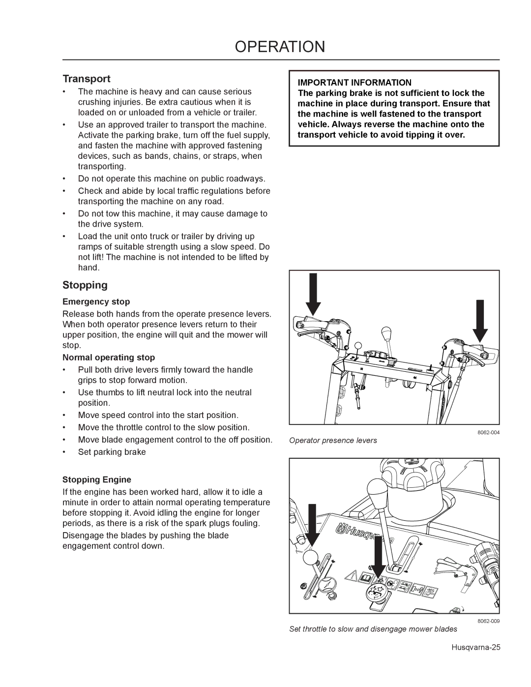 Husqvarna WHF5223 / 966947006, WHF6123 / 966947007 manual Emergency stop, Normal operating stop, Stopping Engine 