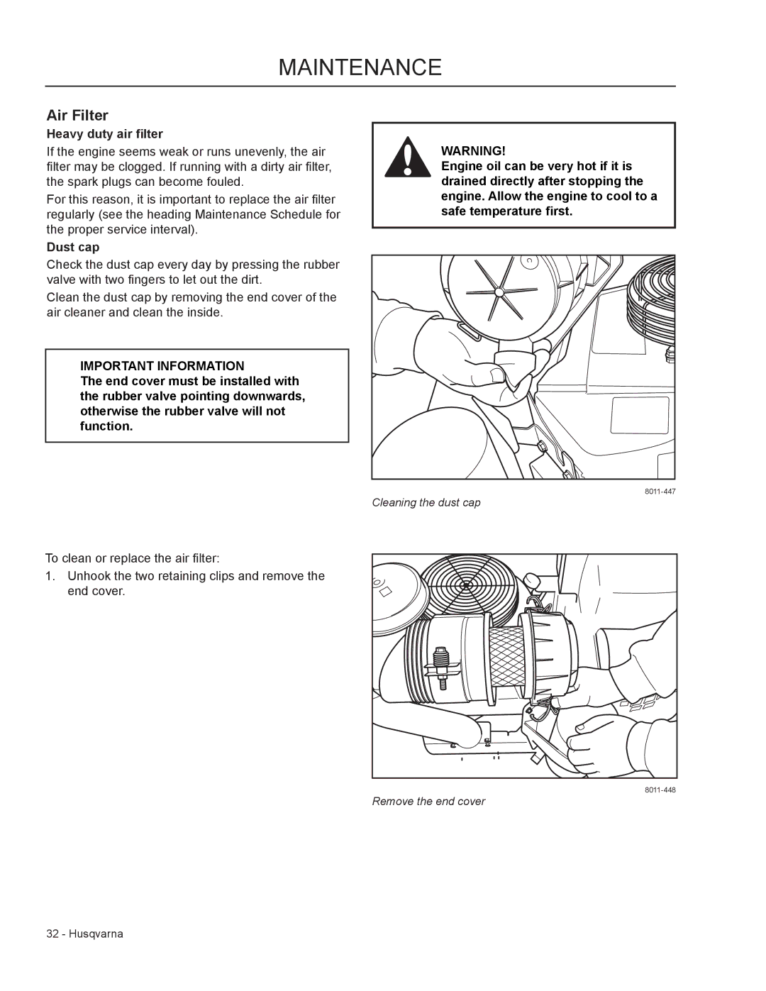 Husqvarna WHF6123 / 966947007, WHF5223 / 966947006 manual Air Filter, Heavy duty air filter, Dust cap 