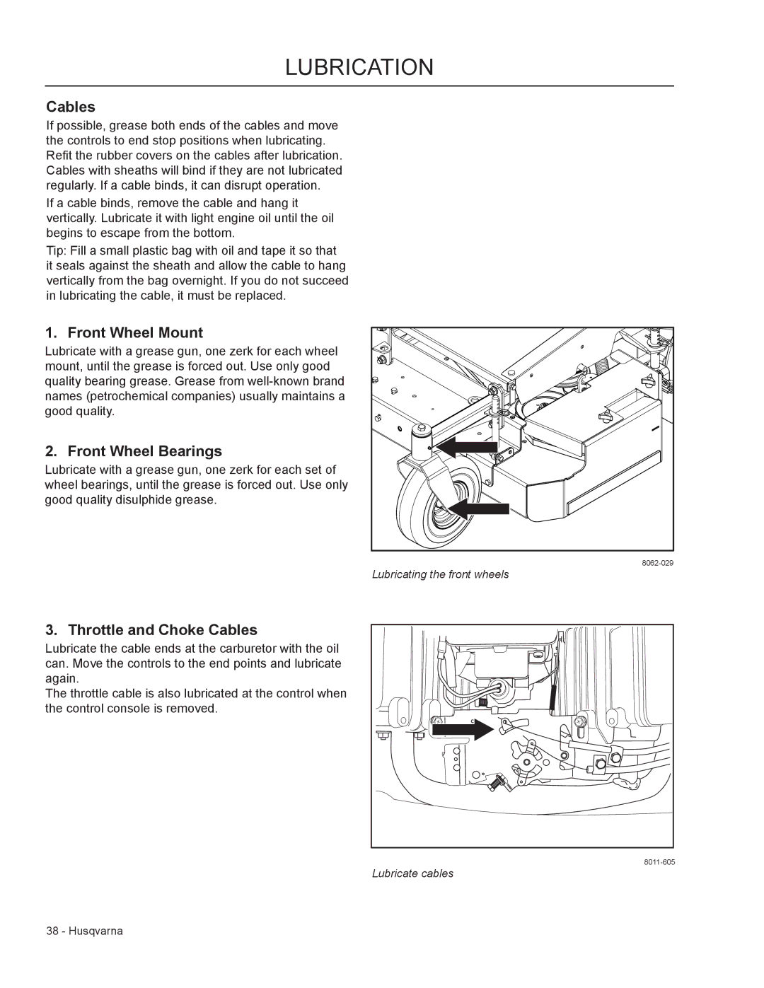 Husqvarna WHF6123 / 966947007 manual Lubrication, Front Wheel Mount, Front Wheel Bearings, Throttle and Choke Cables 