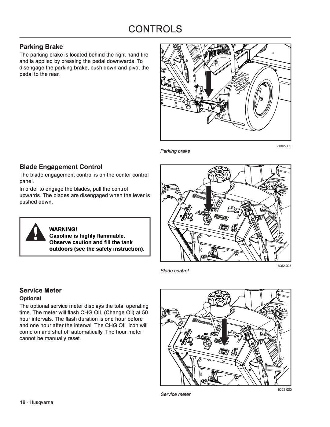 Husqvarna WHF6123 / 966947007 manual Parking Brake, Blade Engagement Control, Service Meter, Controls, Optional 